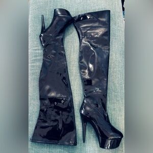 Ellie Fantasy Black Patent Leather Thigh High Stiletto Boots 9